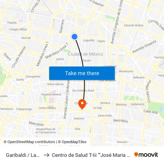 Garibaldi / Lagunilla to Centro de Salud T-Iii ""José María Rodríguez"" map