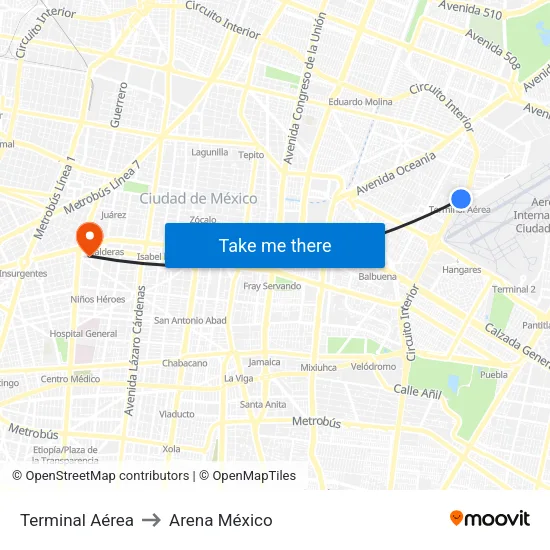 Terminal Aérea to Arena México map