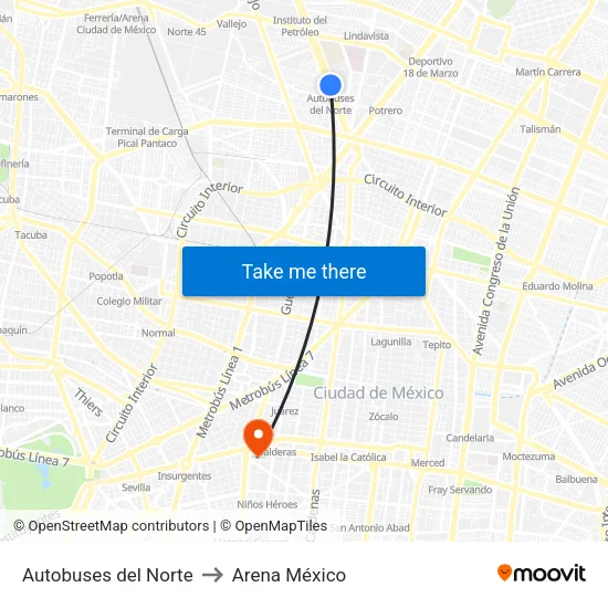 Autobuses del Norte to Arena México map