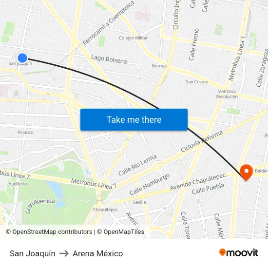 San Joaquín to Arena México map