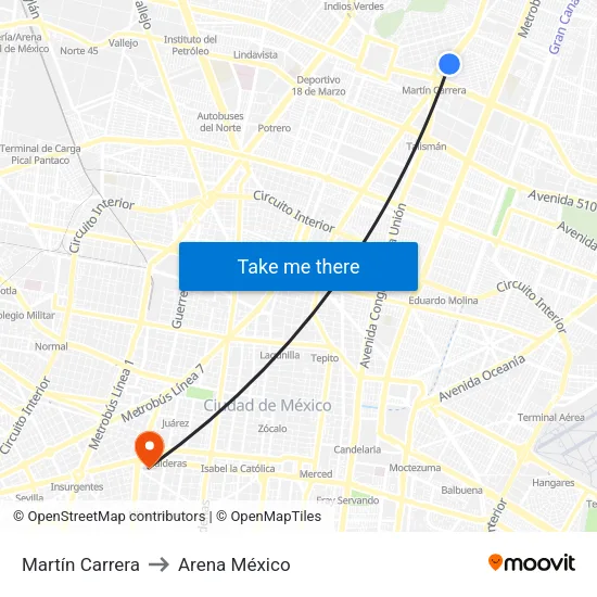 Martín Carrera to Arena México map