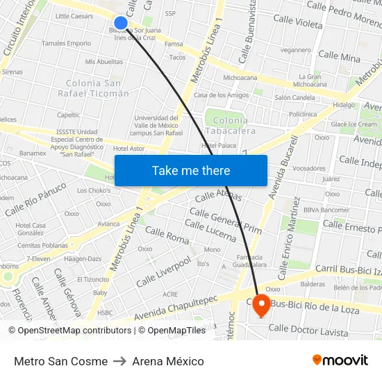 Metro San Cosme to Arena México map