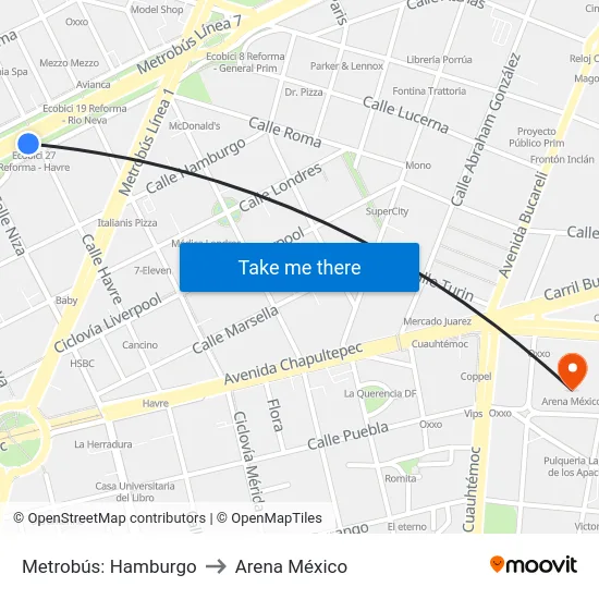 Metrobús: Hamburgo to Arena México map
