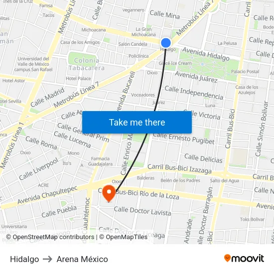 Hidalgo to Arena México map
