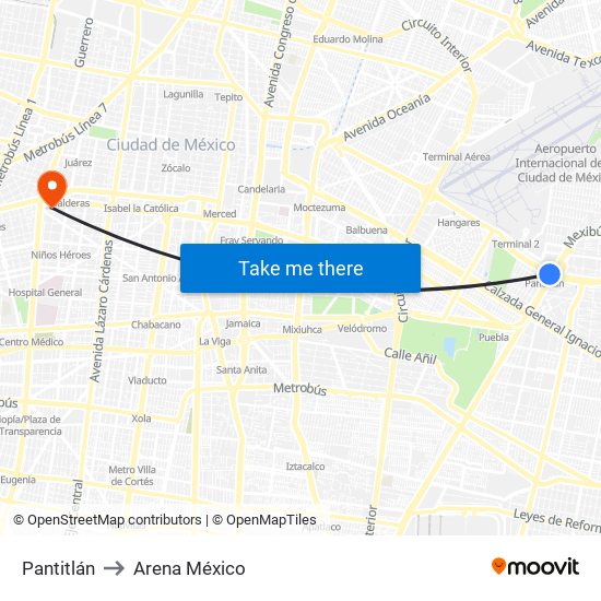 Pantitlán to Arena México map