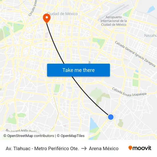 Av. Tlahuac - Metro Periférico Ote. to Arena México map