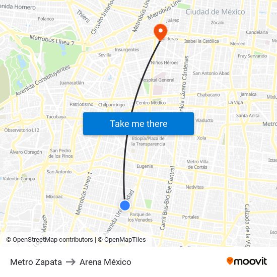 Metro Zapata to Arena México map