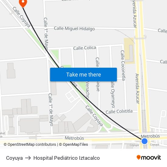 Coyuya to Hospital Pediátrico Iztacalco map
