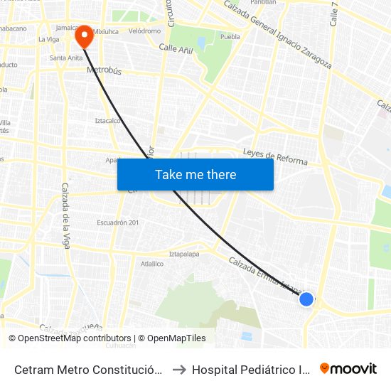 Cetram Metro Constitución de 1917 to Hospital Pediátrico Iztacalco map