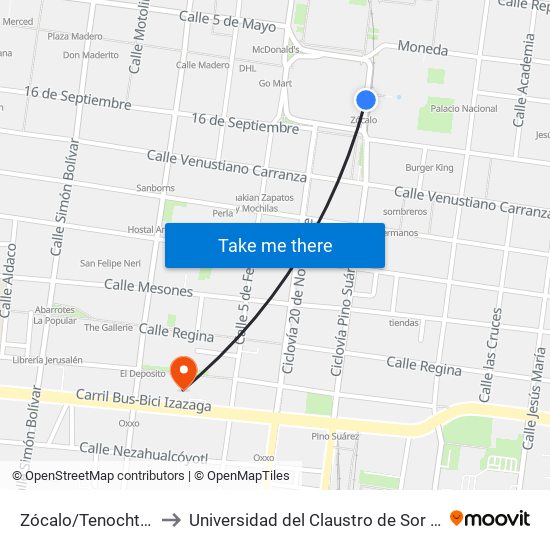 Zócalo/Tenochtitlán to Universidad del Claustro de Sor Juana map