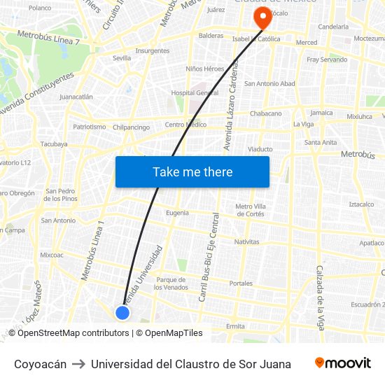 Coyoacán to Universidad del Claustro de Sor Juana map