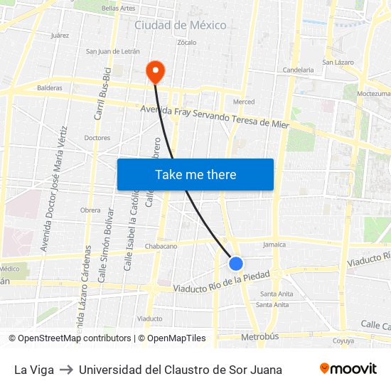 La Viga to Universidad del Claustro de Sor Juana map