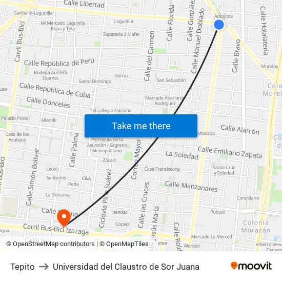 Tepito to Universidad del Claustro de Sor Juana map