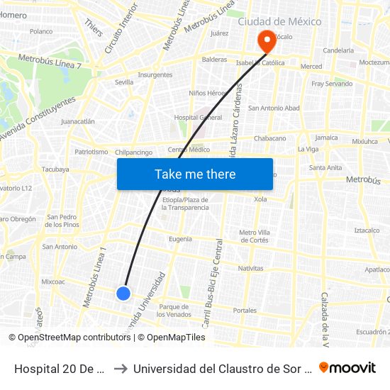 Hospital 20 De Nov. to Universidad del Claustro de Sor Juana map