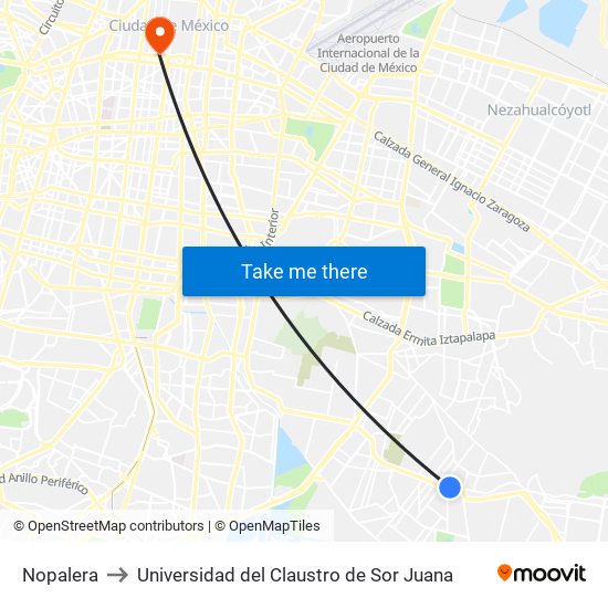 Nopalera to Universidad del Claustro de Sor Juana map