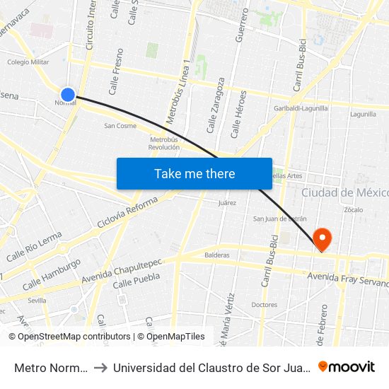 Metro Normal to Universidad del Claustro de Sor Juana map