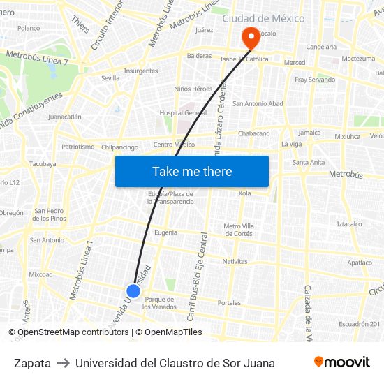 Zapata to Universidad del Claustro de Sor Juana map