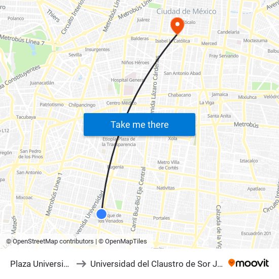 Plaza Universidad to Universidad del Claustro de Sor Juana map