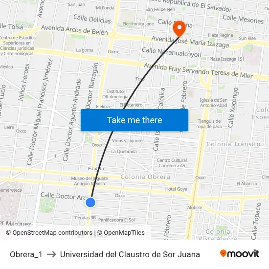 Obrera_1 to Universidad del Claustro de Sor Juana map