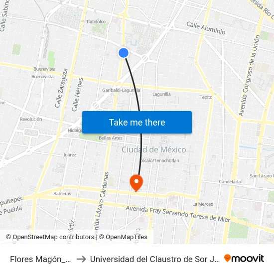 Flores Magón_1_2 to Universidad del Claustro de Sor Juana map