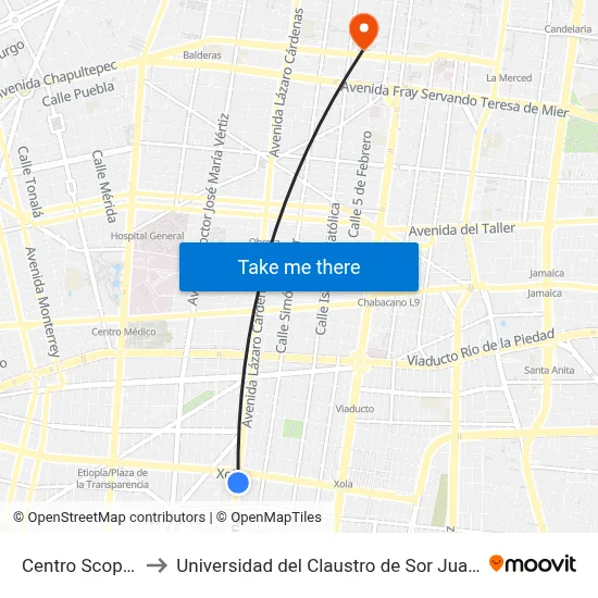Centro Scop_1 to Universidad del Claustro de Sor Juana map