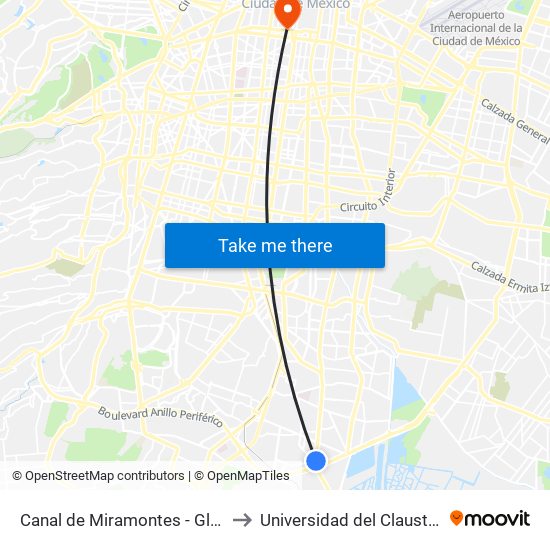 Canal de Miramontes - Glorieta Villa Coapa to Universidad del Claustro de Sor Juana map