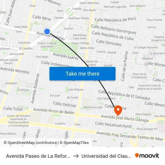 Avenida Paseo de La Reforma - Metro Hidalgo_1 to Universidad del Claustro de Sor Juana map