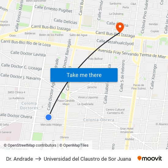 Dr. Andrade to Universidad del Claustro de Sor Juana map