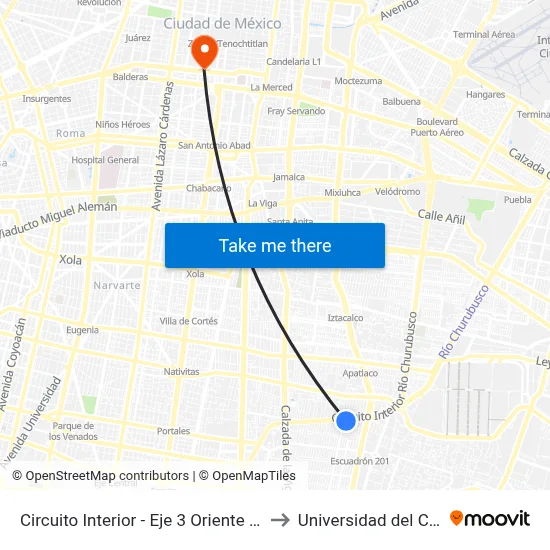 Circuito Interior - Eje 3 Oriente Francisco del Paso Y Troncoso _1 to Universidad del Claustro de Sor Juana map