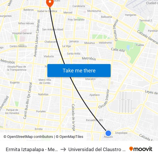 Ermita Iztapalapa - Metro Atlalilco to Universidad del Claustro de Sor Juana map