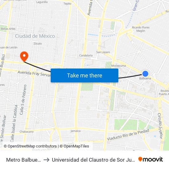 Metro Balbuena to Universidad del Claustro de Sor Juana map