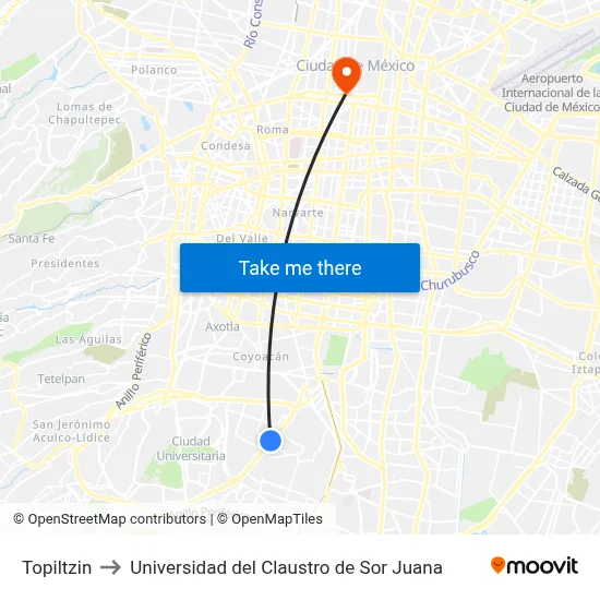Topiltzin to Universidad del Claustro de Sor Juana map