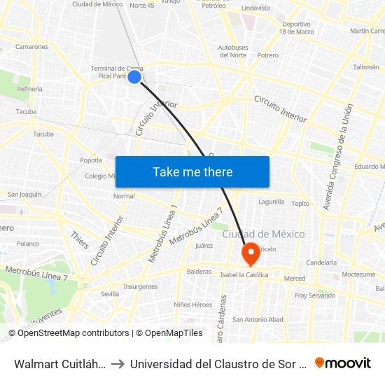 Walmart Cuitláhuac to Universidad del Claustro de Sor Juana map