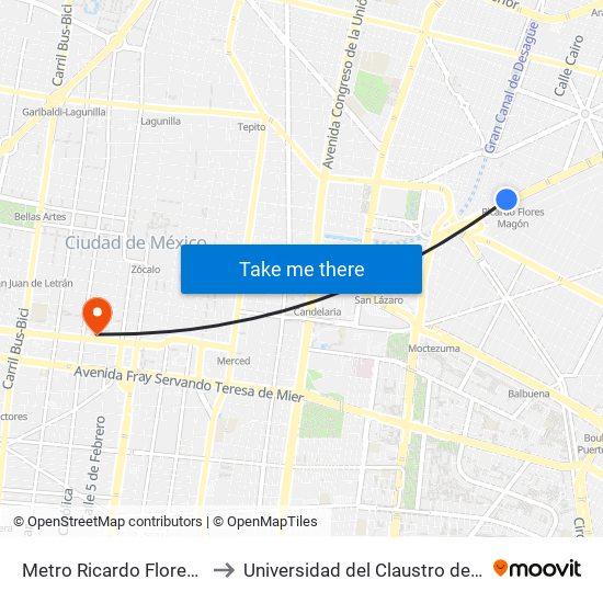 Metro Ricardo Flores Magón to Universidad del Claustro de Sor Juana map