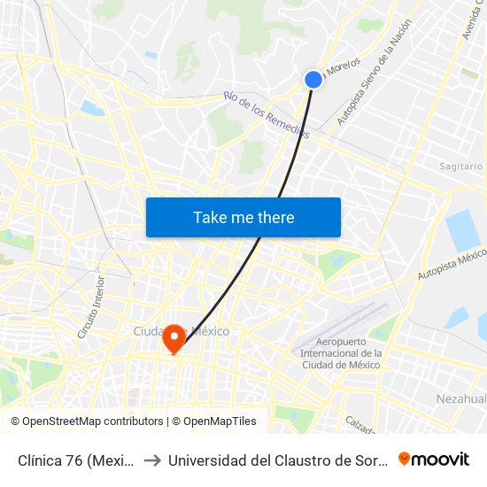 Clínica 76 (Mexibús) to Universidad del Claustro de Sor Juana map
