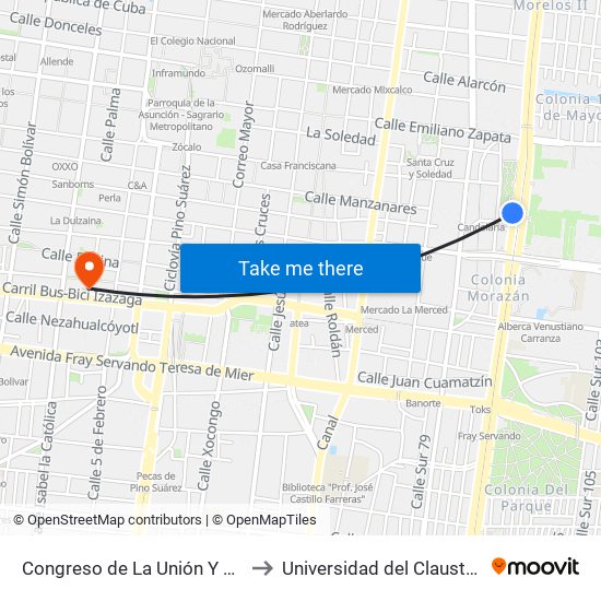 Congreso de La Unión Y Metro Candelaria to Universidad del Claustro de Sor Juana map