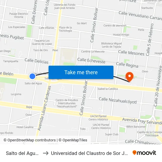 Salto del Agua_1 to Universidad del Claustro de Sor Juana map