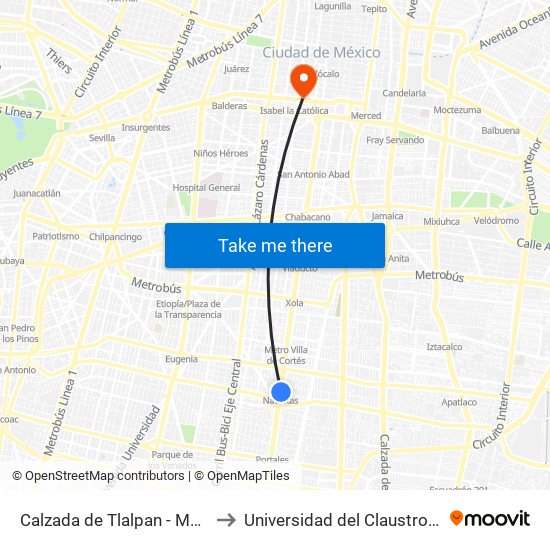 Calzada de Tlalpan - Metro Nativitas to Universidad del Claustro de Sor Juana map