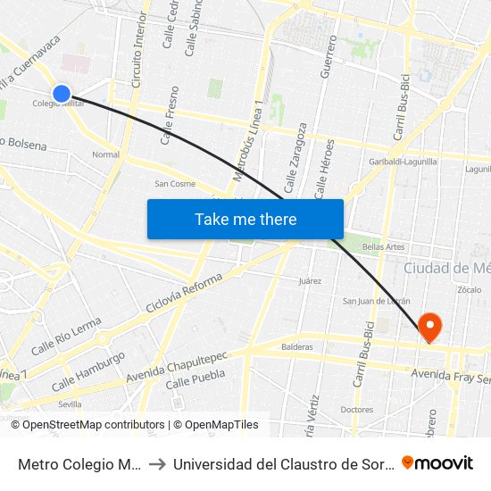 Metro Colegio Militar to Universidad del Claustro de Sor Juana map