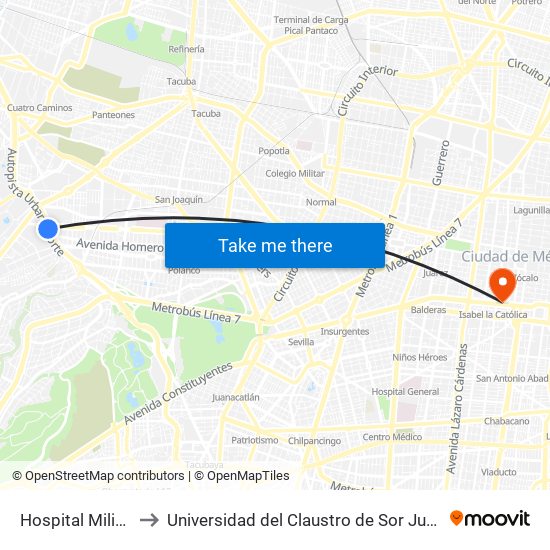 Hospital Militar to Universidad del Claustro de Sor Juana map