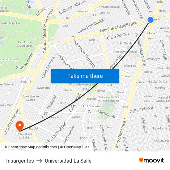 Insurgentes to Universidad La Salle map