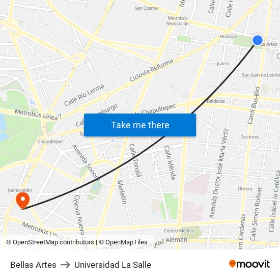 Bellas Artes to Universidad La Salle map