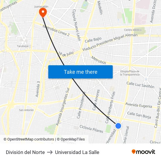 División del Norte to Universidad La Salle map