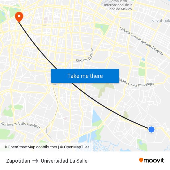 Zapotitlán to Universidad La Salle map