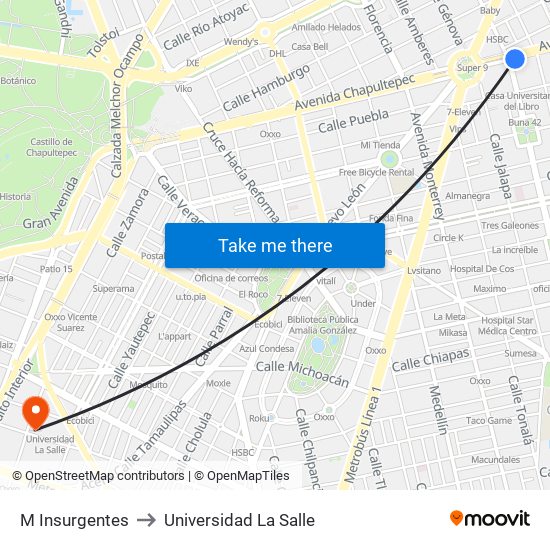 M Insurgentes to Universidad La Salle map