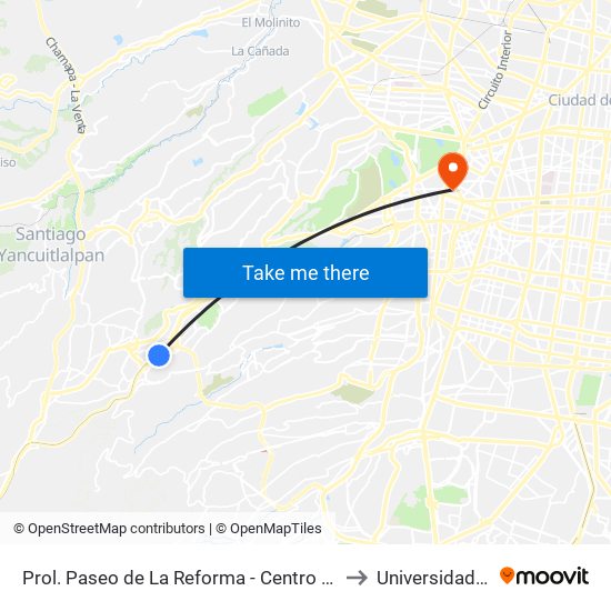 Prol. Paseo de La Reforma - Centro Comercial Santa Fe to Universidad La Salle map