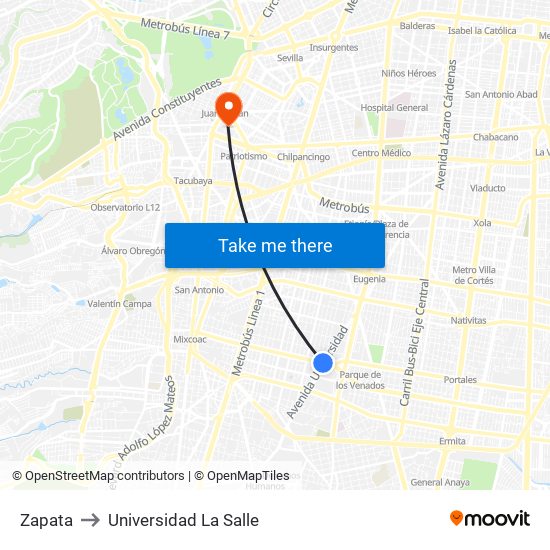 Zapata to Universidad La Salle map