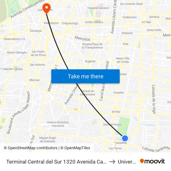 Terminal Central del Sur 1320 Avenida Canal de Miramontes Campestre Coyoacán Cdmx 04200 México to Universidad La Salle map