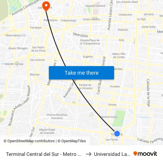 Terminal Central del Sur - Metro Tasqueña to Universidad La Salle map