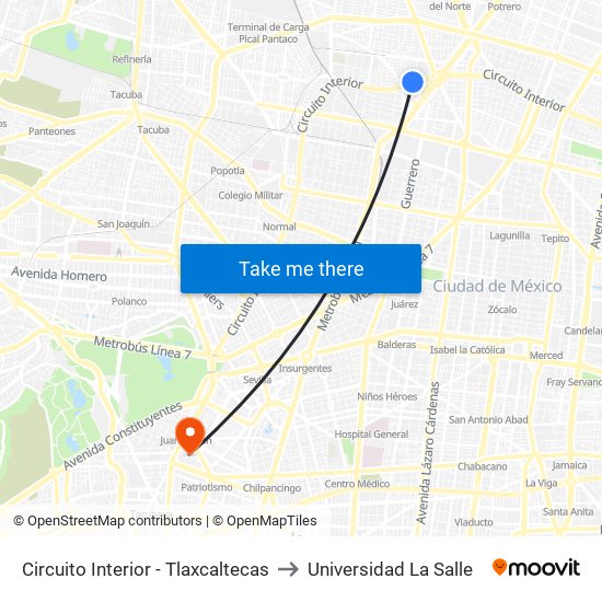 Circuito Interior - Tlaxcaltecas to Universidad La Salle map